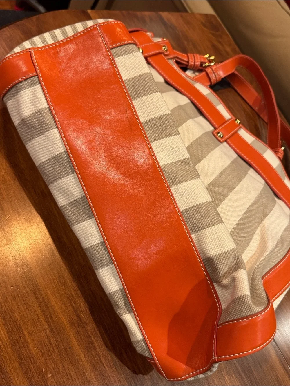 NWT Francesco Biasia Perfect Striped Canvas Leather Tote Bag Orange Luxury Italy - Picture 4 of 14